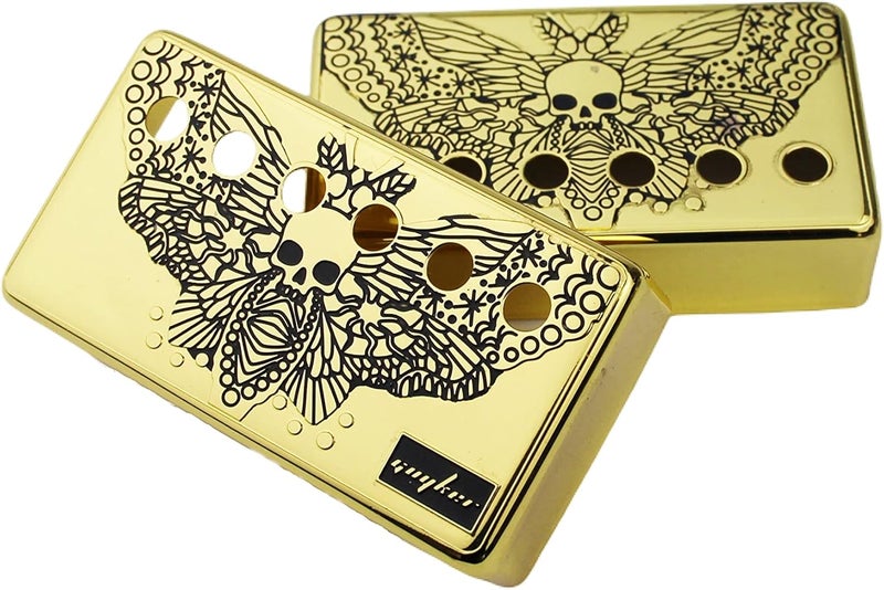 guyker Humbucker Pickup Cover (50mm/52mm Pole Spacing) – Cupronickel Bridge and Neck Pickups Frame Set Replacement Parts for Les Paul LP Style Electric Guitar, Skull Wing Style, PC007 Gold - Image 3